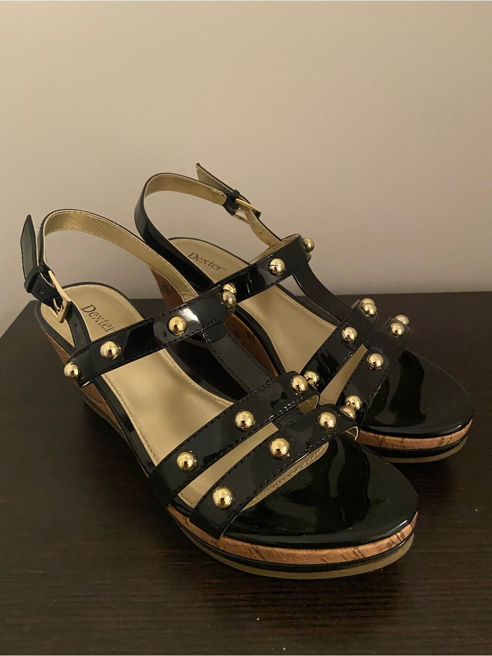 Dexter Black Patent Stud-Embellished Wedge Sandals
